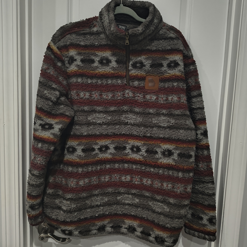 Men's Patterned Zip-Up Sweater - Gray and Red